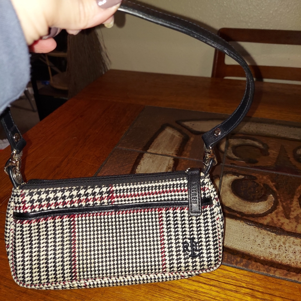 Ralph Lauren Bagette Small Houndstooth Purse With Leather Accents. Work Date